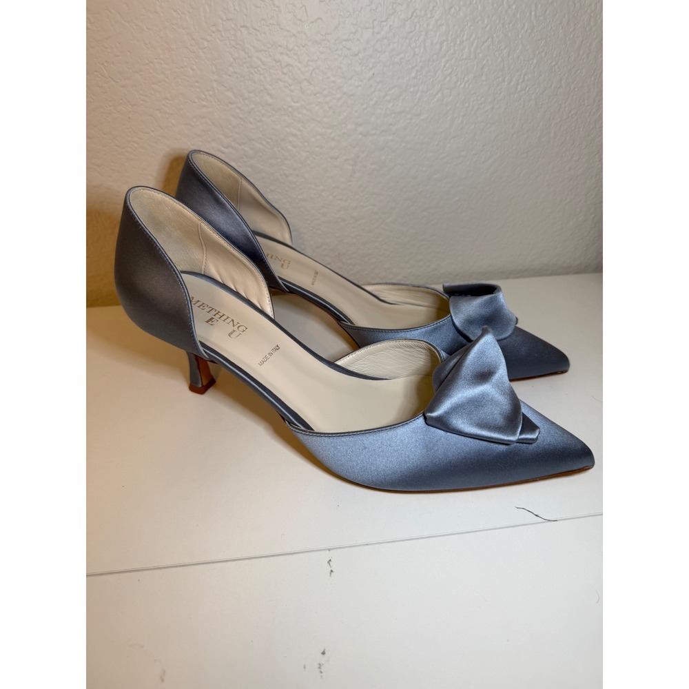Something Bleu Cappy Satin D'Orsay Bow Pumps Blue Italian Leather Sole Size 10 B - Picture 3 of 8